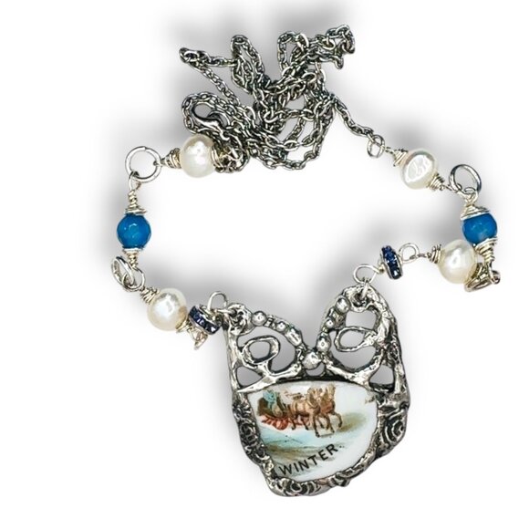 Courier & Ives Winter Pendant Necklace With Brutalist Glam Metalwork & Pearls - Picture 3 of 13